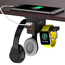 Image of Headphone Stand with USB Charger COZOO Under Desk Headset Holder Mount with 3 Port USB Charging Station